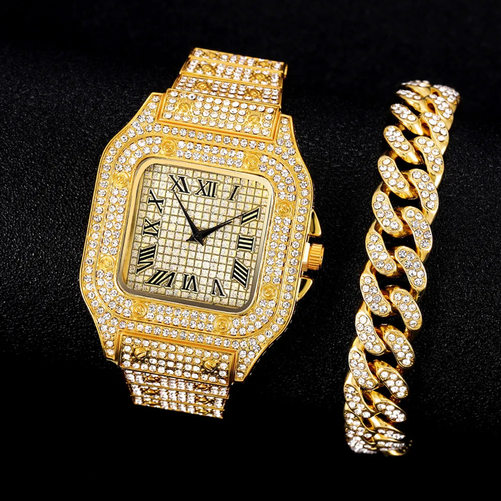 Men Watch Luxury Set Full Ice Out Gold Silver Color Watches Fashion Red Dial Quartz Wristwatch Steel Watch For Men