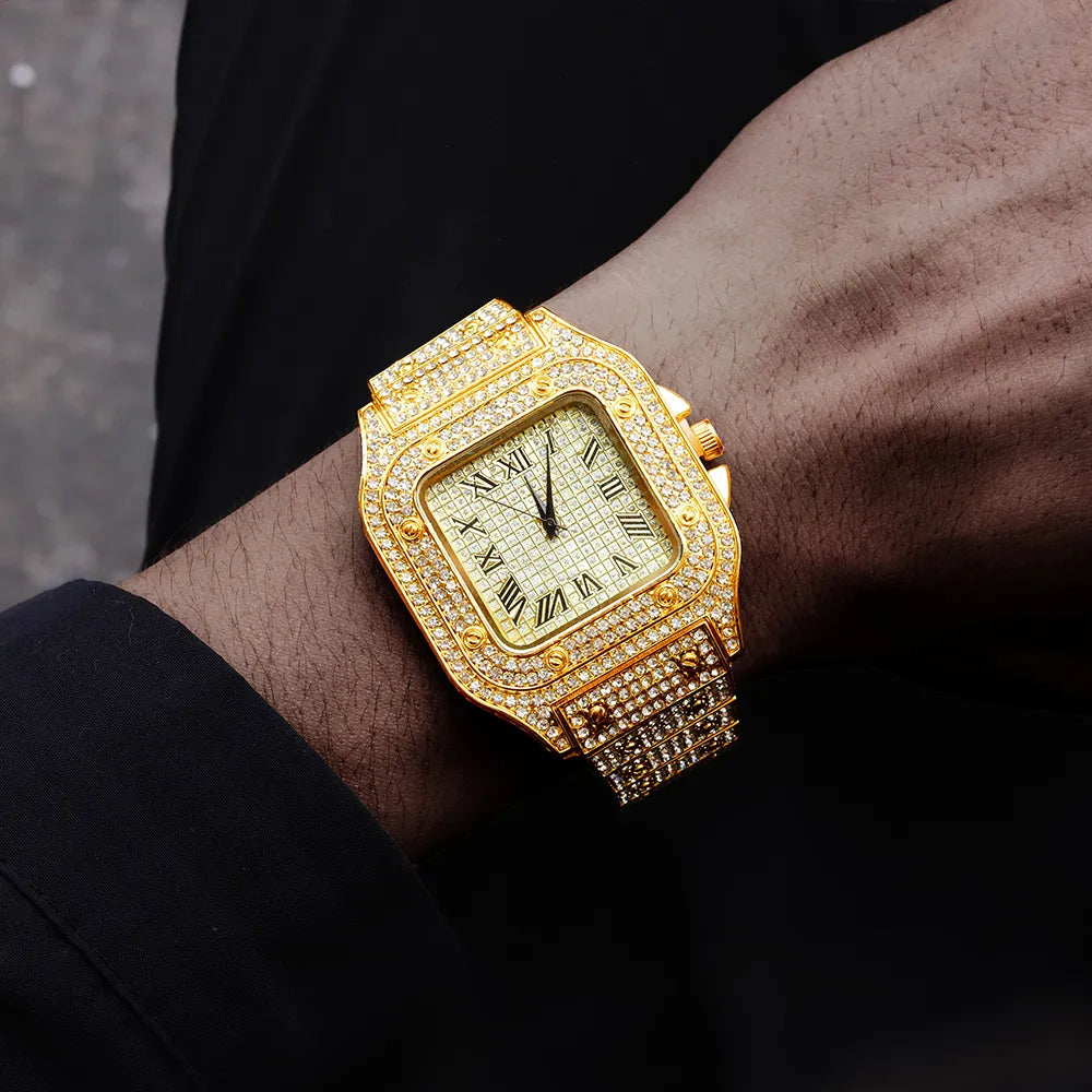 Men Watch Luxury Set Full Ice Out Gold Silver Color Watches Fashion Red Dial Quartz Wristwatch Steel Watch For Men