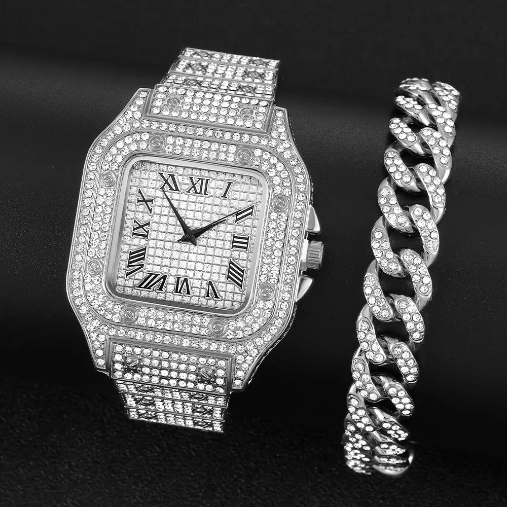 Men Watch Luxury Set Full Ice Out Gold Silver Color Watches Fashion Red Dial Quartz Wristwatch Steel Watch For Men