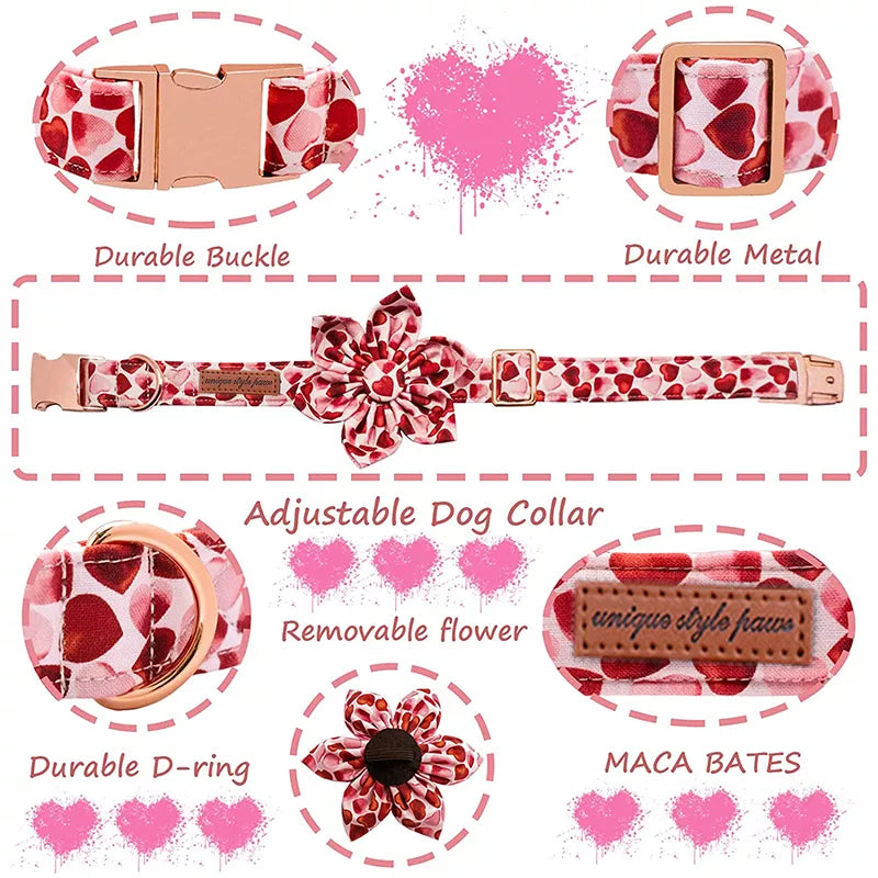 Unique Style Paws Valentine Red Heart Dog Collar with Flower Adjustable Pet Dog Collar for Large Medium Small Dog