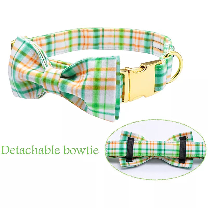 Personalized Unique Style Paws Summer Dog Collar Green Plaid Dog Collar with Bow Cotton Dog Collar for Large Medium Small Dog