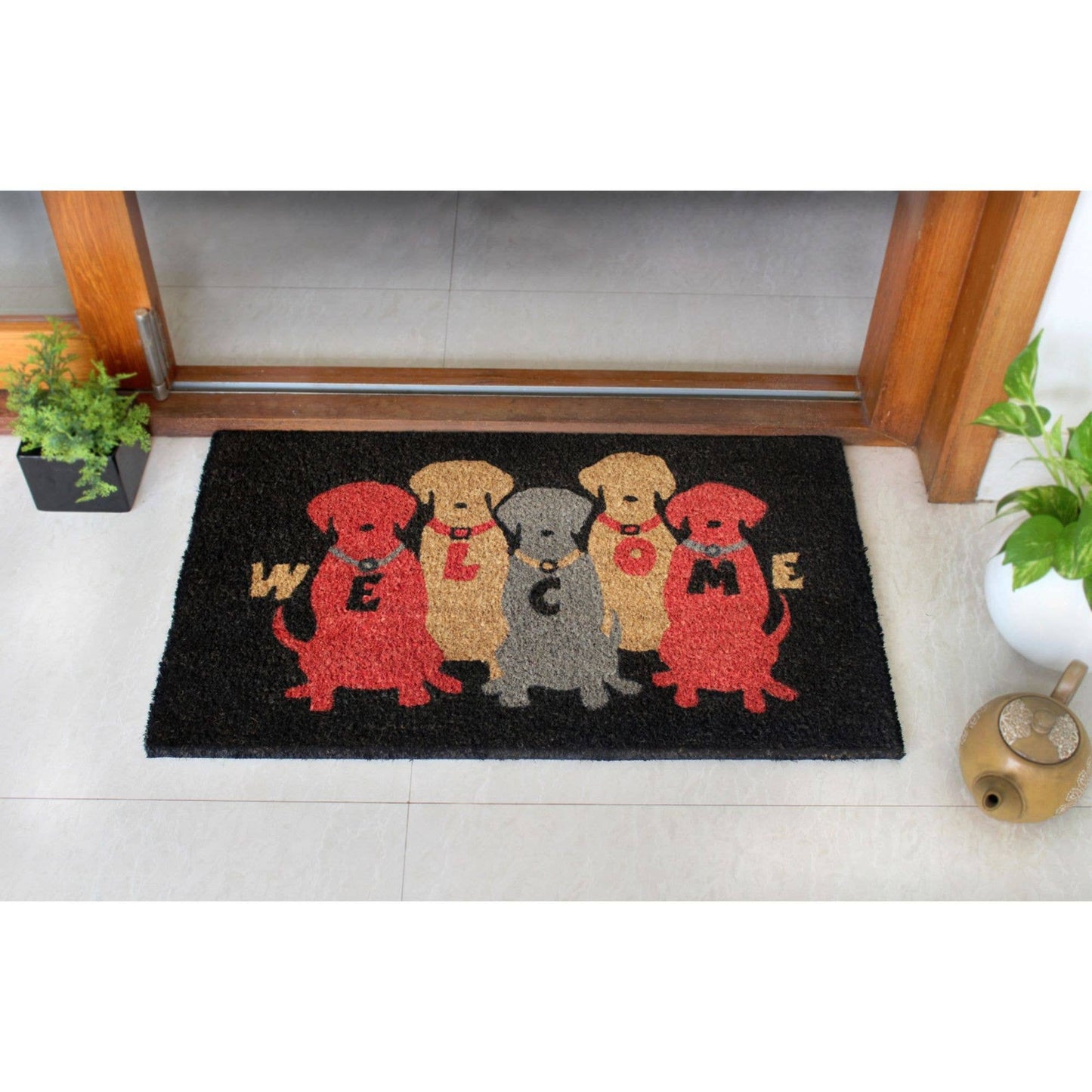 RugSmith Red Welcome Colourful Dogs Doormat, 18" x 30"Heart