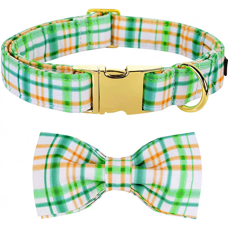 Personalized Unique Style Paws Summer Dog Collar Green Plaid Dog Collar with Bow Cotton Dog Collar for Large Medium Small Dog