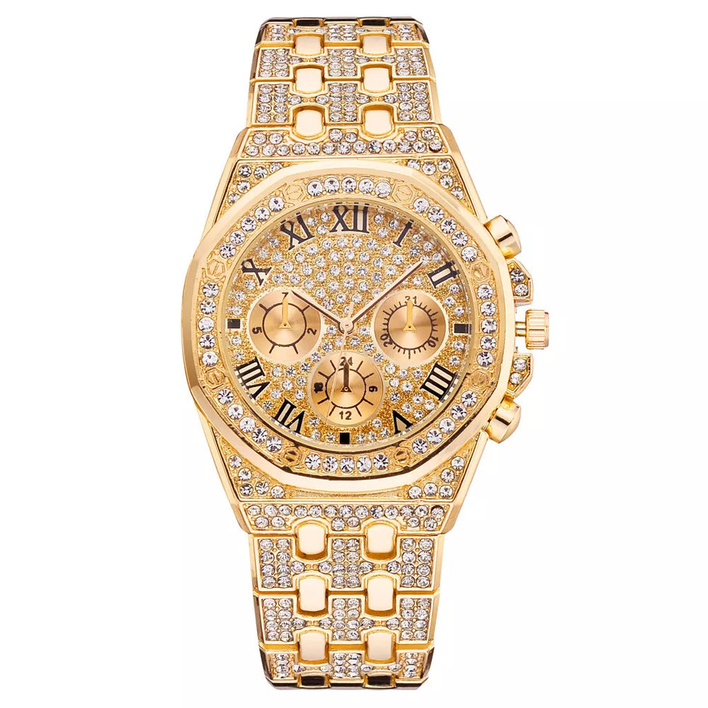 Men Iced Out Watches Luxury Full Diamond Gold Stainless Steel Quartz Wristwatches Clock Gift Relogio Masculino