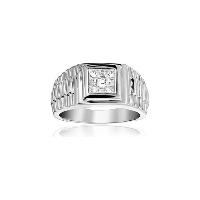 Mens Geometric Square Invisible Cut CZ Grooved Band Style Engagement Ring Pinky Ring For Men 925 Sterling Silver
