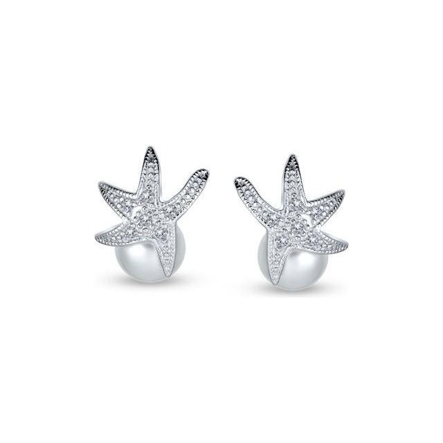 Nautical Bride White Simulated Pearl Pave CZ Starfish Stud Earrings For Women For Prom 925 Sterling Silver