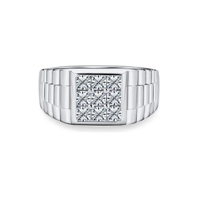 Mens Geometric Square Invisible Cut CZ Grooved Band Style Engagement Ring Pinky Ring For Men 925 Sterling Silver