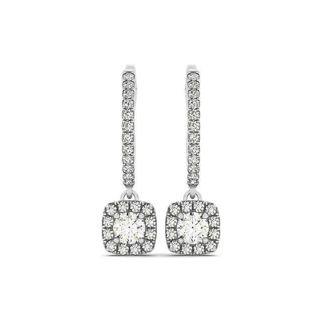 Women's 14k White Gold Cushion Shape Halo Style Drop Earrings
