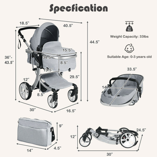 Folding Aluminum Infant Reversible Stroller with Diaper Bag-Gray - Color: Gray