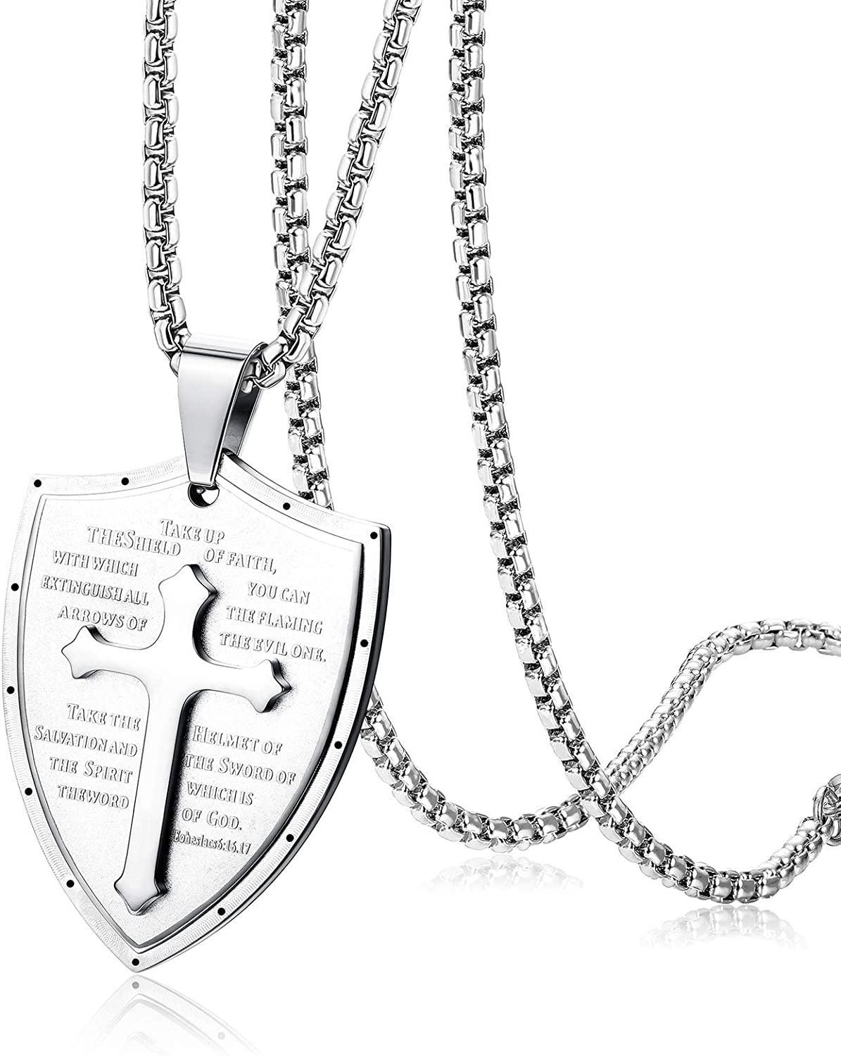 Cross Necklace for Men Shield Armor of God Ephesians 6:16-17; Stainless Steel Faith Pendant Necklace Christian Jewelry