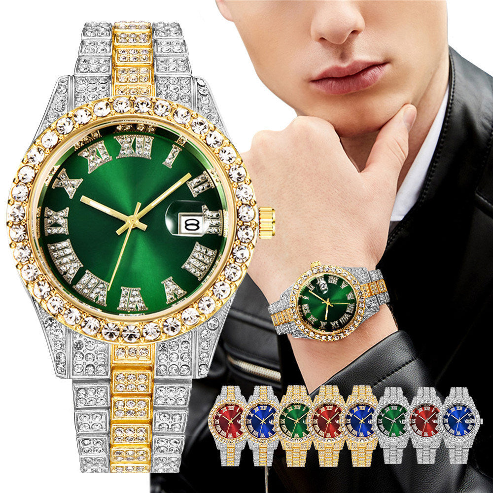 Full Diamond Roman Scale Steel Band Calendar Watch