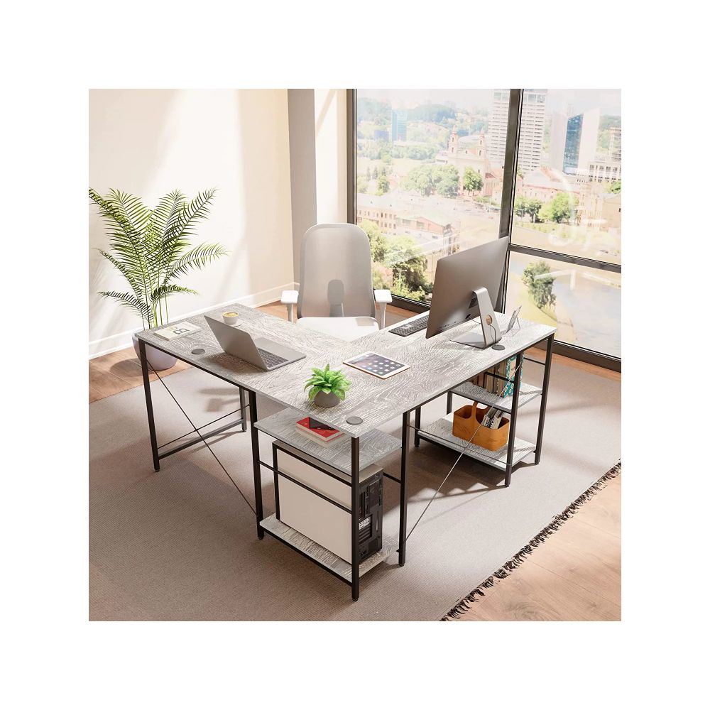 86.6 Inch L Shape Desk With Shelf 2 Persons Long Table Black