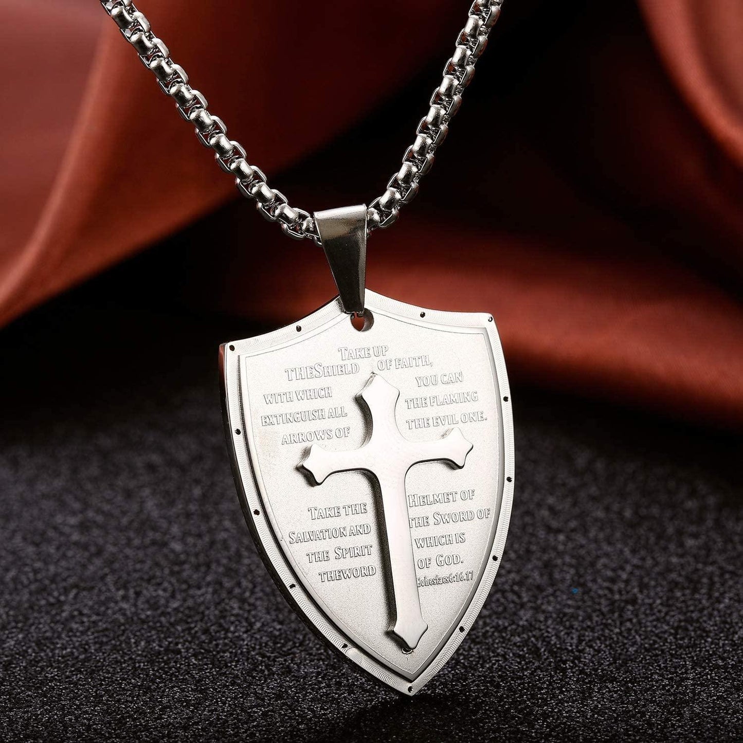Cross Necklace for Men Shield Armor of God Ephesians 6:16-17; Stainless Steel Faith Pendant Necklace Christian Jewelry