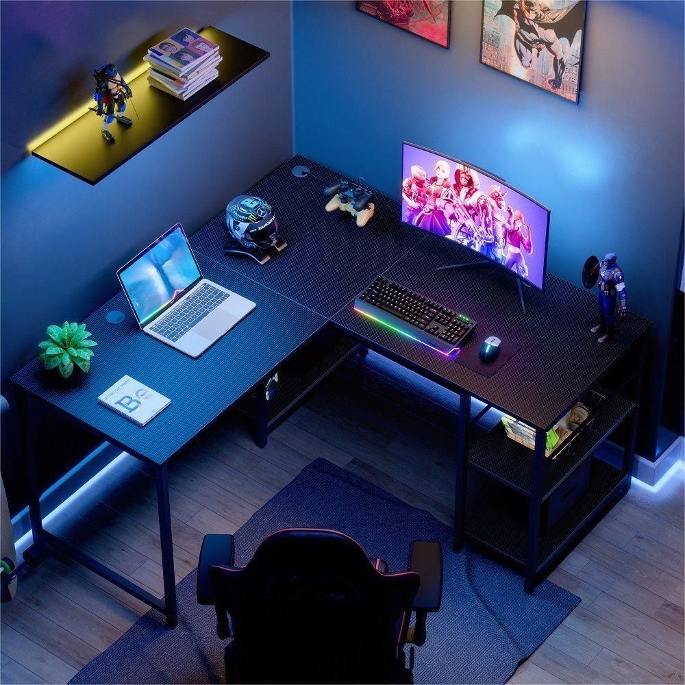 86.6 Inch L Shape Desk With Shelf 2 Persons Long Table Black