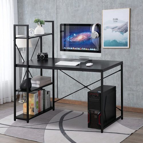 Computer Desk 48" with Storage Shelves Student Study Writing Table for Home Office Modern Simple Style PC Laptop Table Rustic Black Metal Frame Black