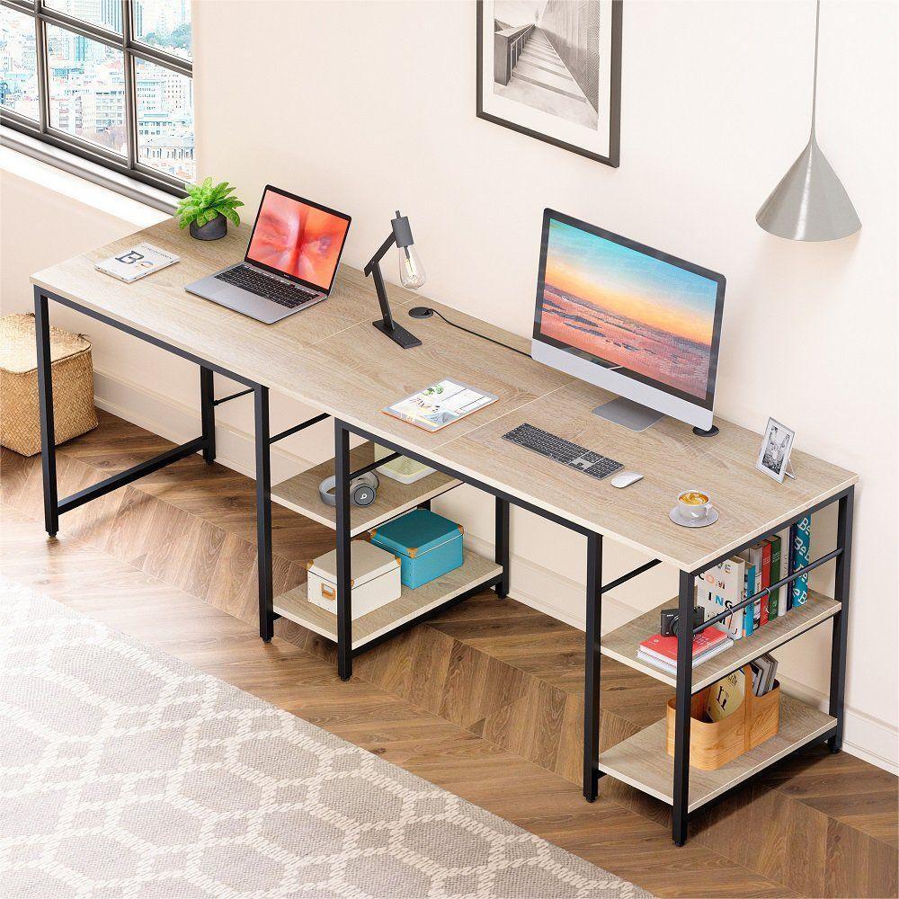 86.6 Inch L Shape Desk With Shelf 2 Persons Long Table Black