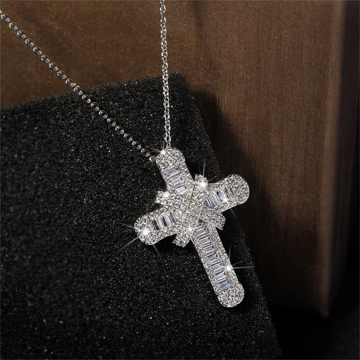 Womens Crystal Cross Necklace Sliver HIP-HOP Pendant for Men Religious Christian Jewelry Gifts for Anniversaries Holidays Christmas Birthdays