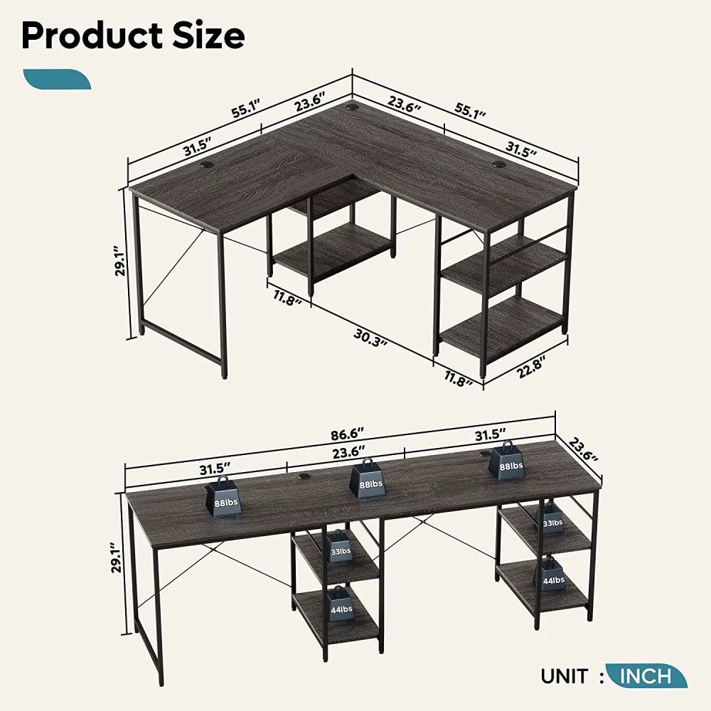 86.6 Inch L Shape Desk With Shelf 2 Persons Long Table Black