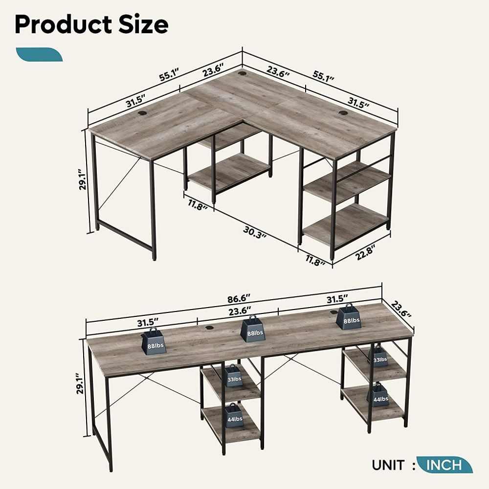 86.6 Inch L Shape Desk With Shelf 2 Persons Long Table Black