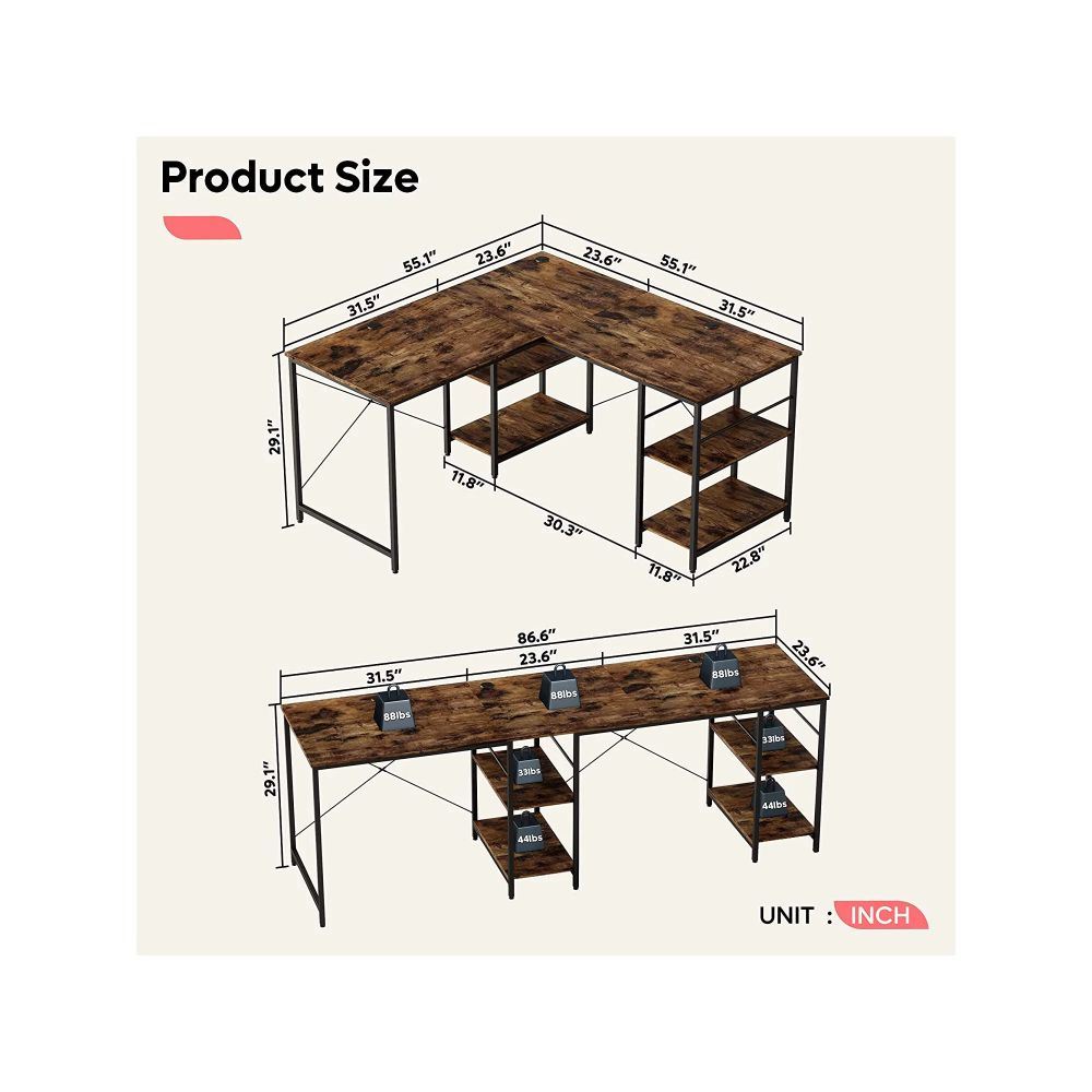 86.6 Inch L Shape Desk With Shelf 2 Persons Long Table Black