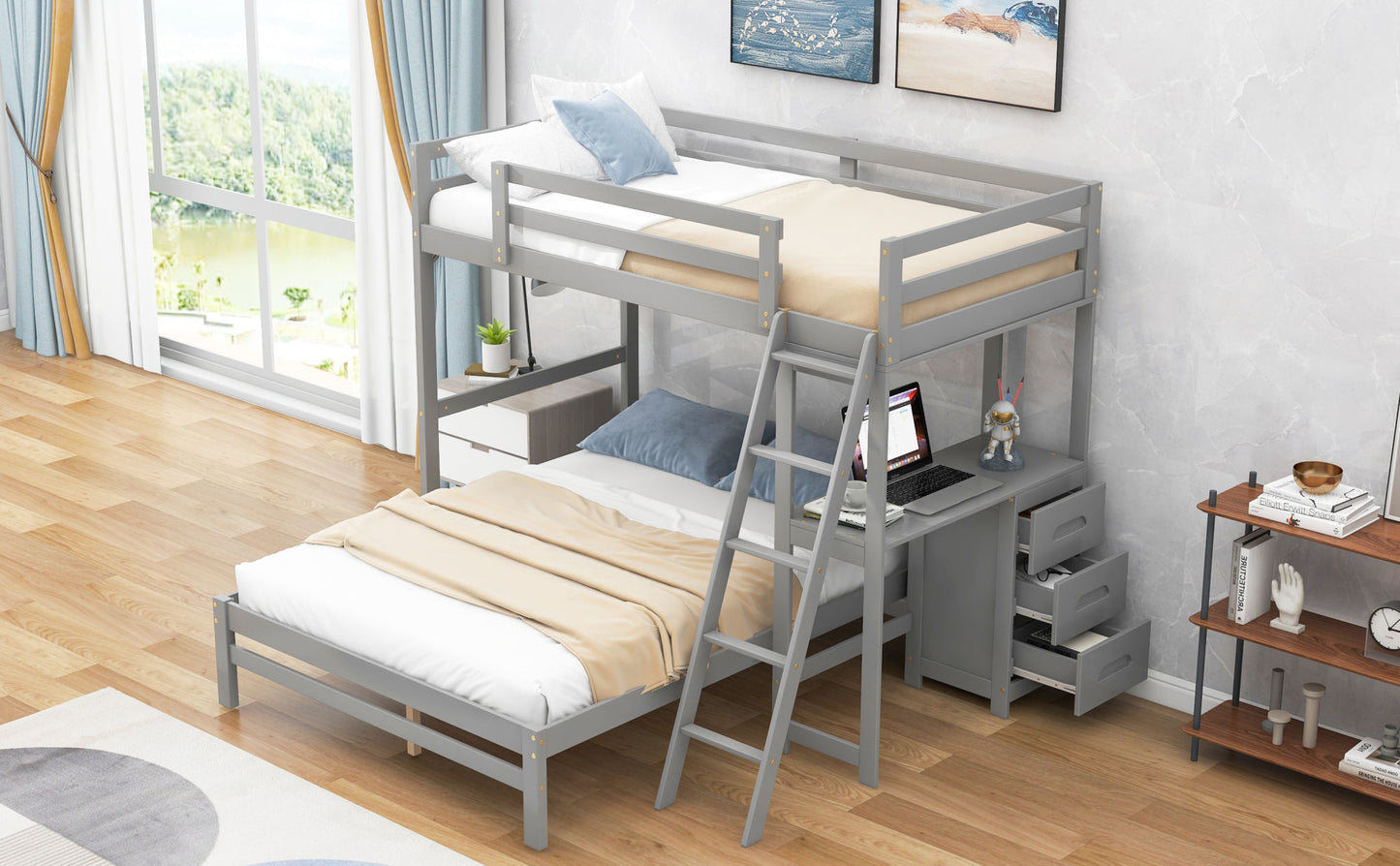 Twin over Full Bunk Bed with Built-in Desk and Three Drawers