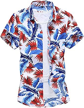 Men's Fashion Print Shirts Casual Lapel Short Sleeve T-Shirts Cotton Button-Up Shirts