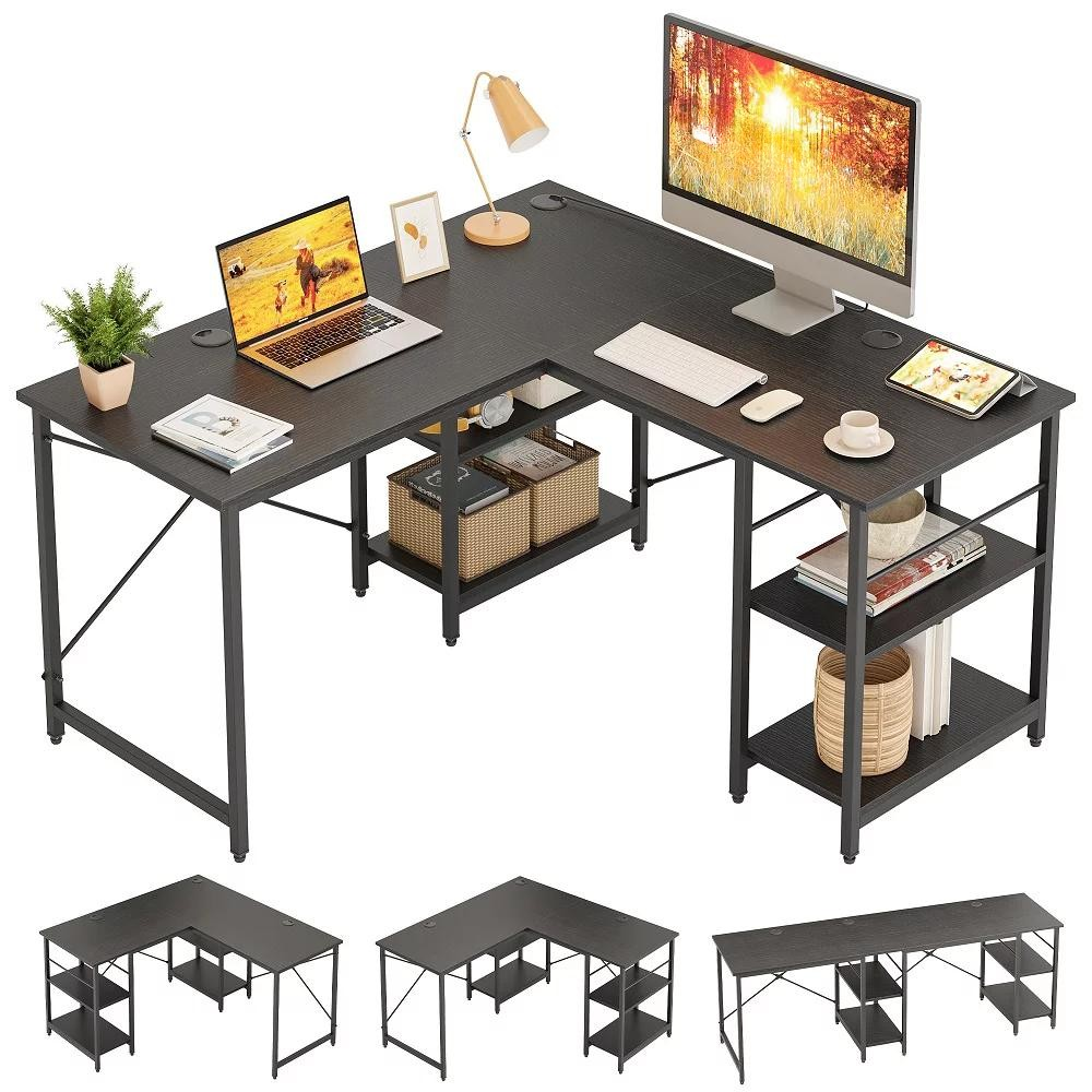 86.6 Inch L Shape Desk With Shelf 2 Persons Long Table Black