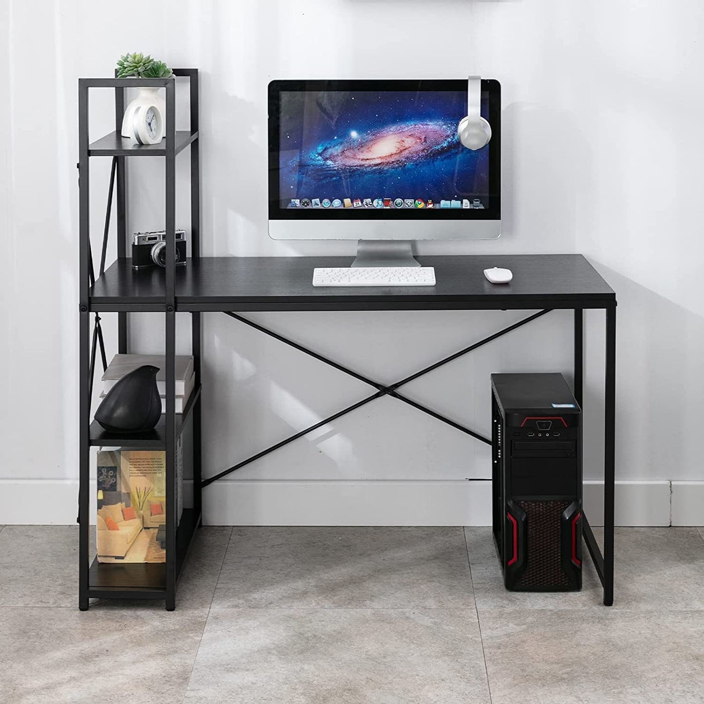 Computer Desk 48" with Storage Shelves Student Study Writing Table for Home Office Modern Simple Style PC Laptop Table Rustic Black Metal Frame Black