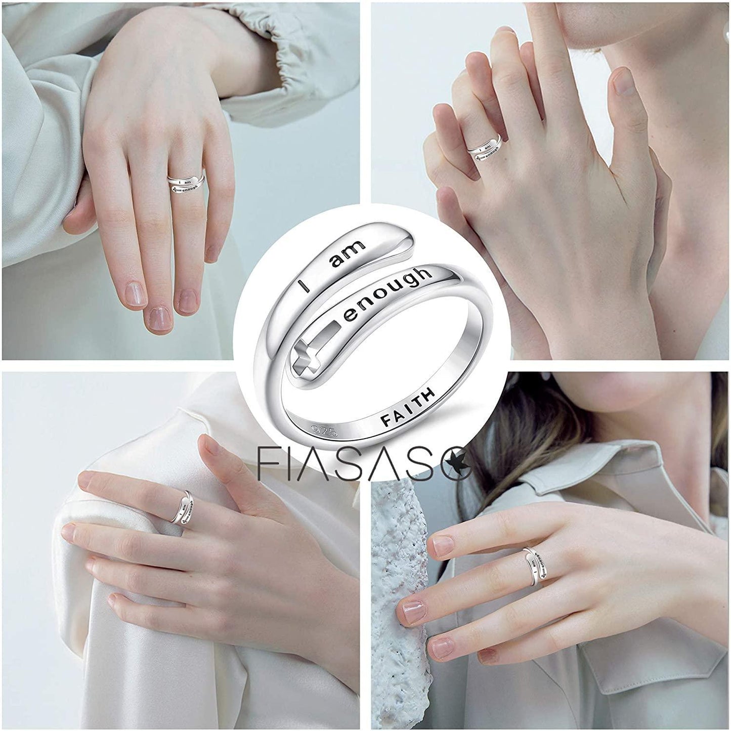 925 Sterling Silver Rings I am Enough Inspirational Rings Faith Christian Cross Encouragement Statement Rings for Women Men