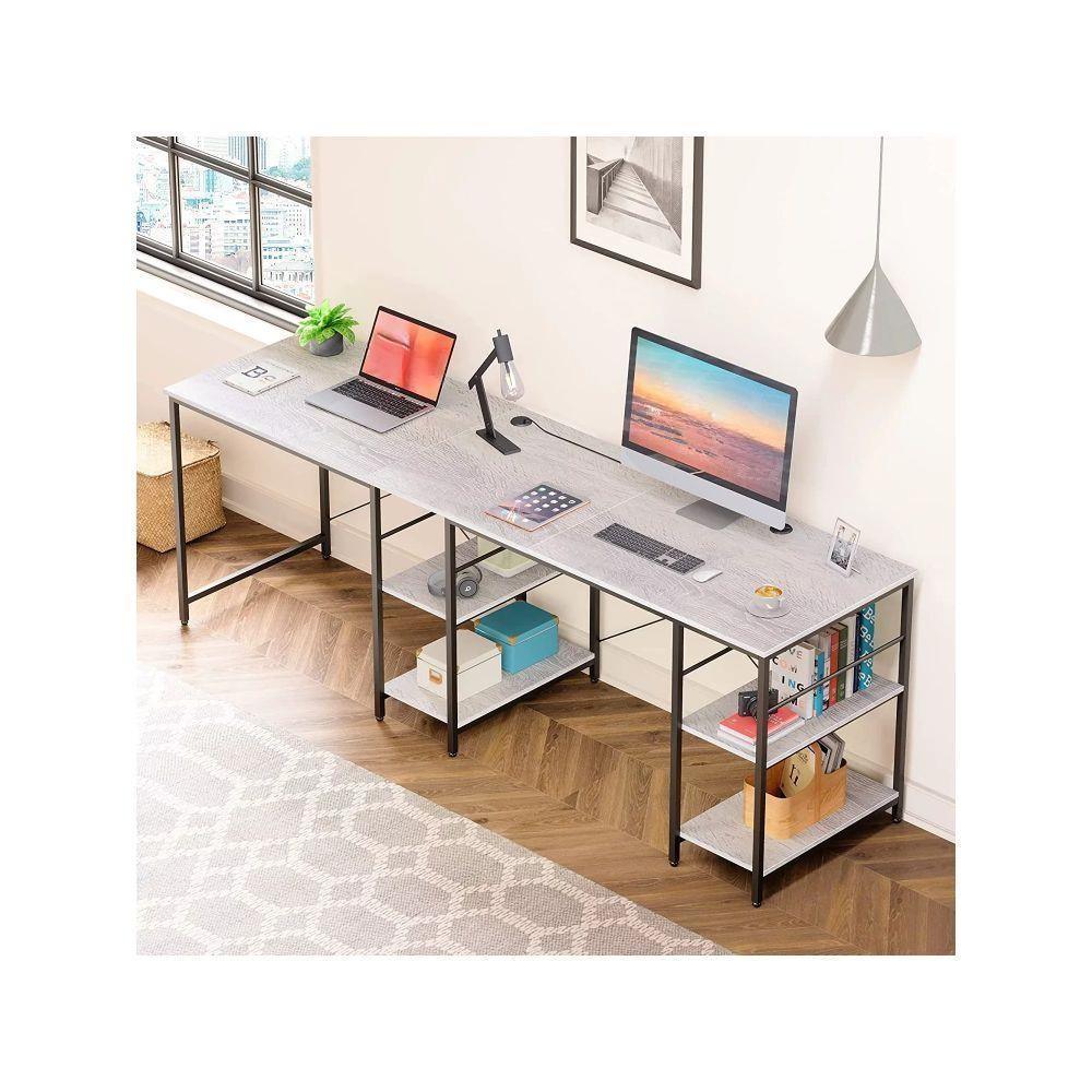 86.6 Inch L Shape Desk With Shelf 2 Persons Long Table Black