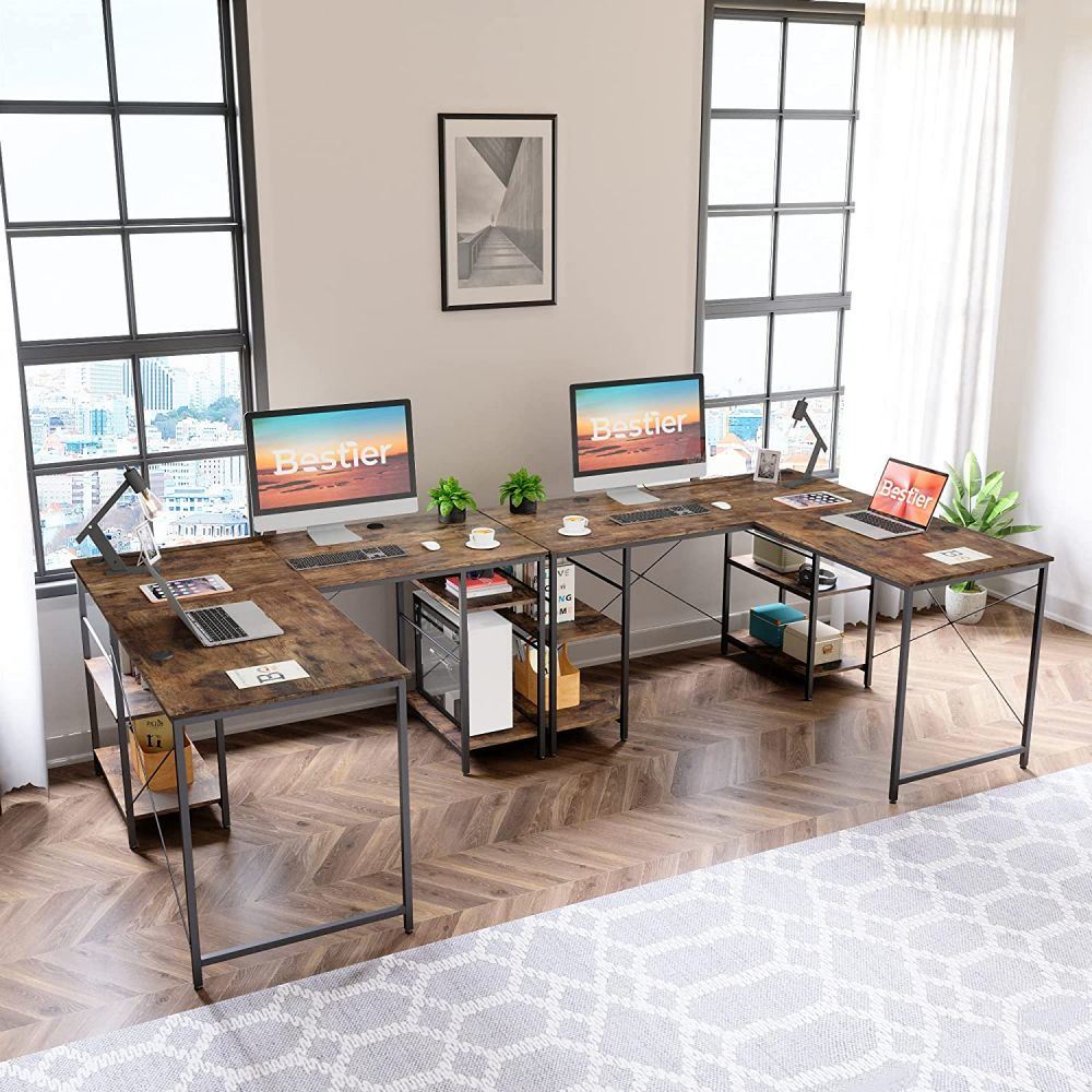 86.6 Inch L Shape Desk With Shelf 2 Persons Long Table Black