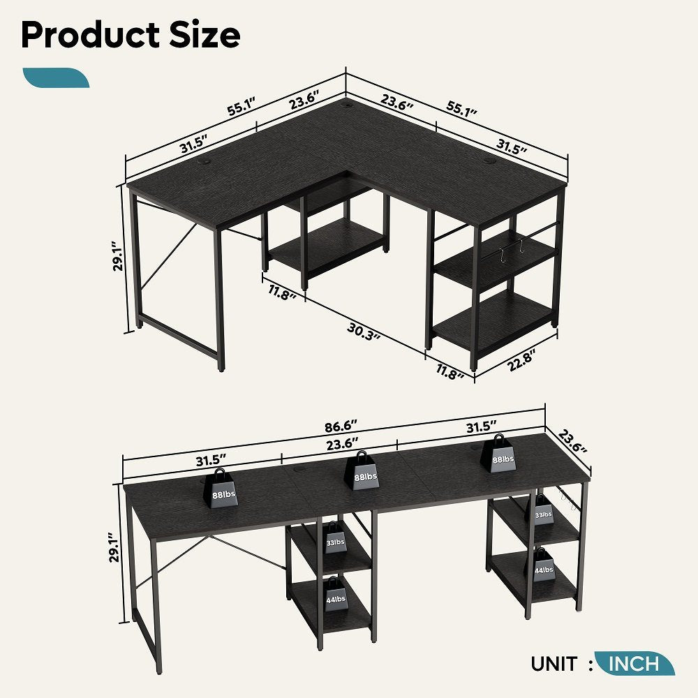 86.6 Inch L Shape Desk With Shelf 2 Persons Long Table Black