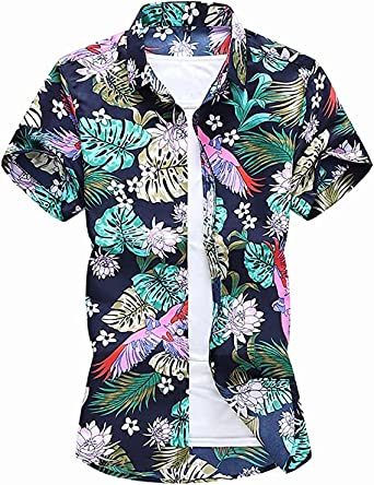 Men's Fashion Print Shirts Casual Lapel Short Sleeve T-Shirts Cotton Button-Up Shirts