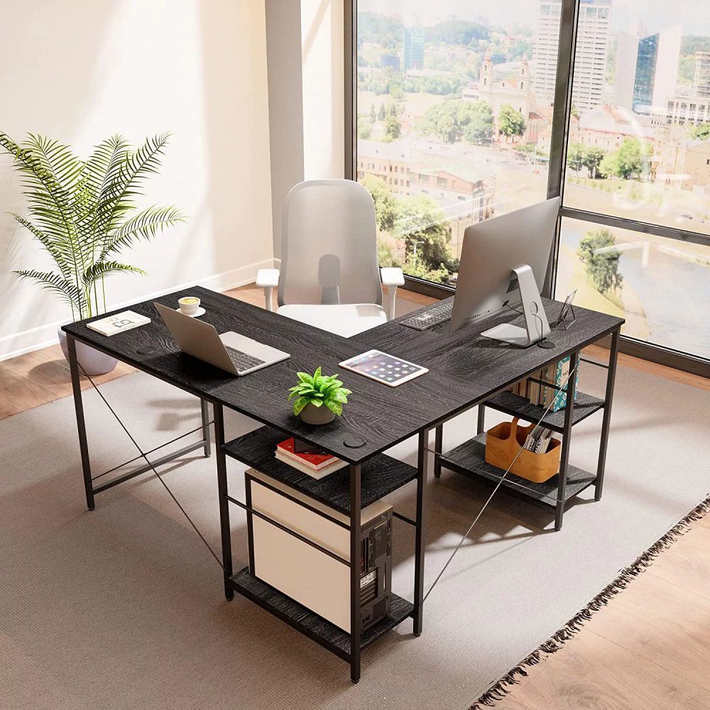 86.6 Inch L Shape Desk With Shelf 2 Persons Long Table Black