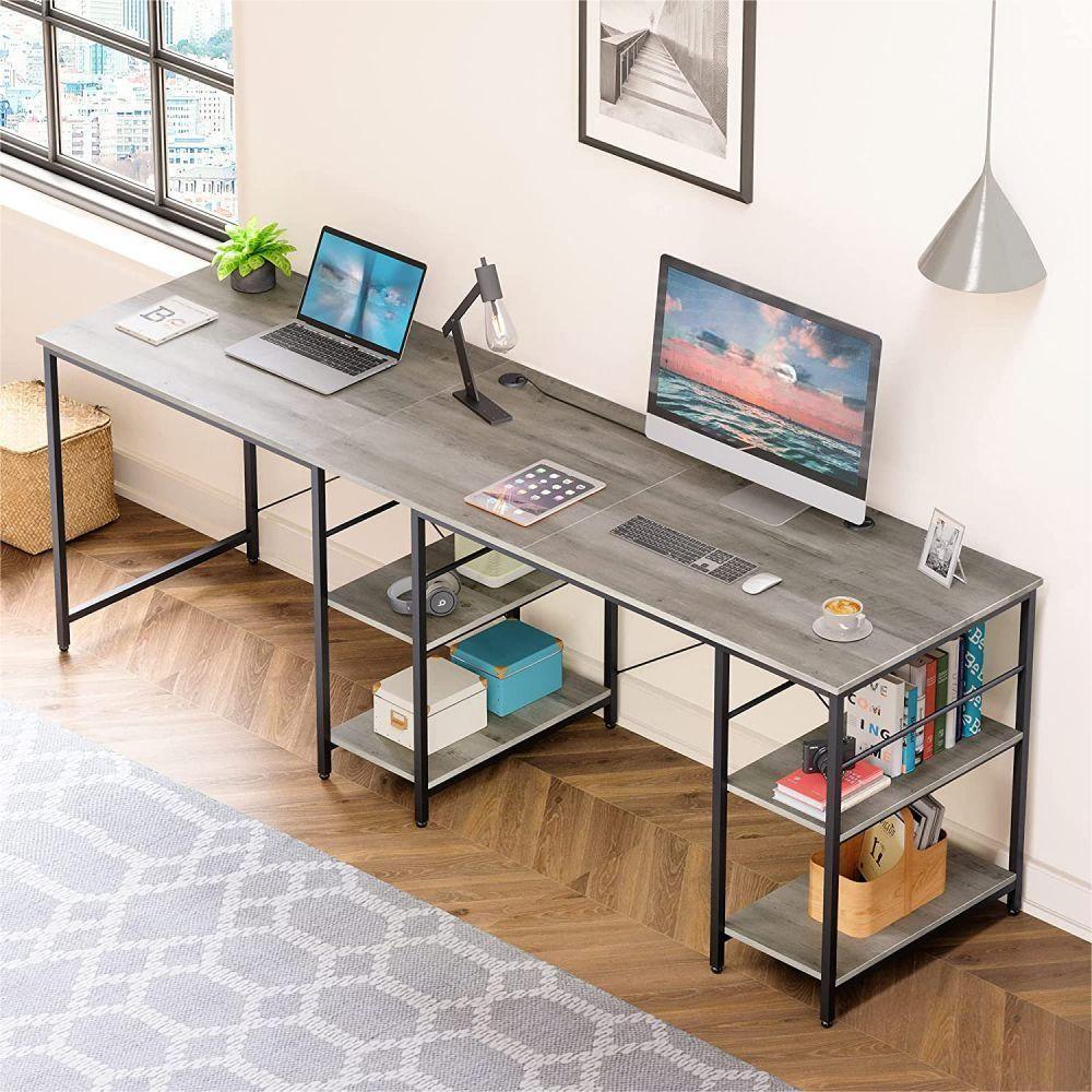 86.6 Inch L Shape Desk With Shelf 2 Persons Long Table Black
