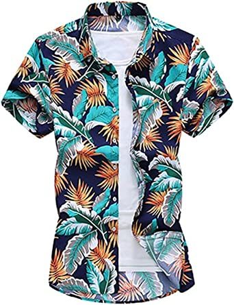 Men's Fashion Print Shirts Casual Lapel Short Sleeve T-Shirts Cotton Button-Up Shirts