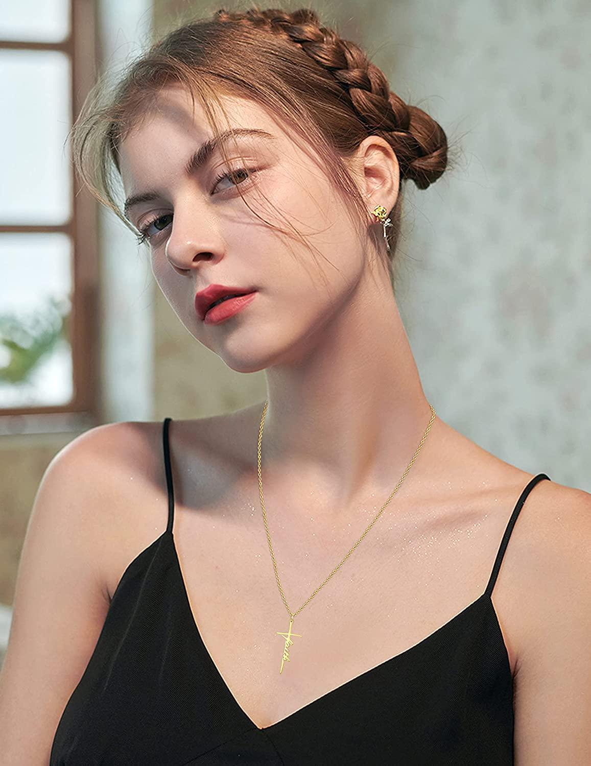 2PCS Faith Cross Necklace Blessed Hope Strength Pendant Necklace Silver Gold Stainless Cross Necklace Christian Religious Inspirational Gift for Women Girls
