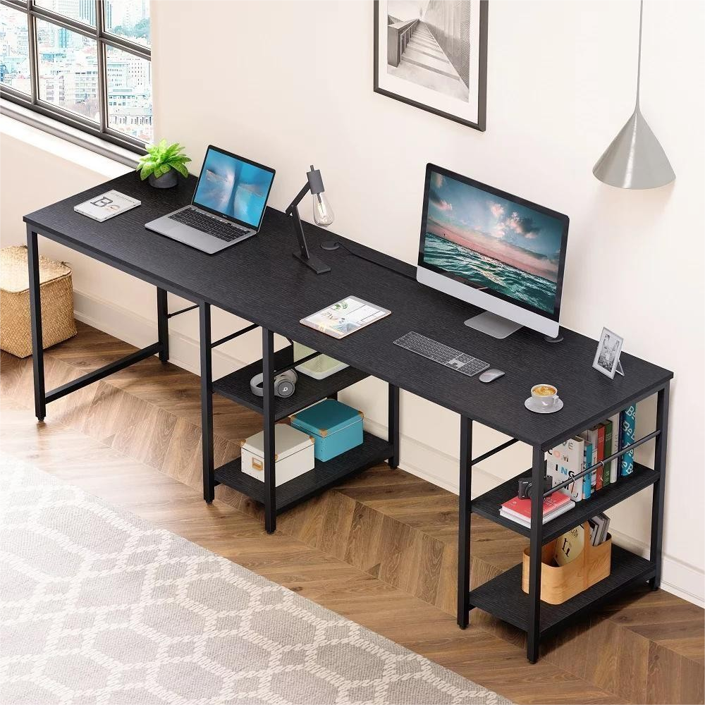 86.6 Inch L Shape Desk With Shelf 2 Persons Long Table Black