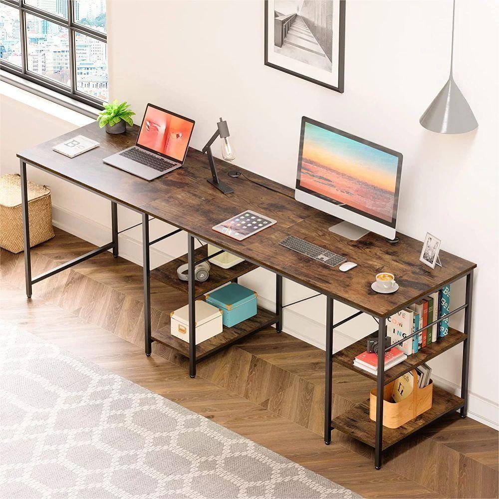 86.6 Inch L Shape Desk With Shelf 2 Persons Long Table Black