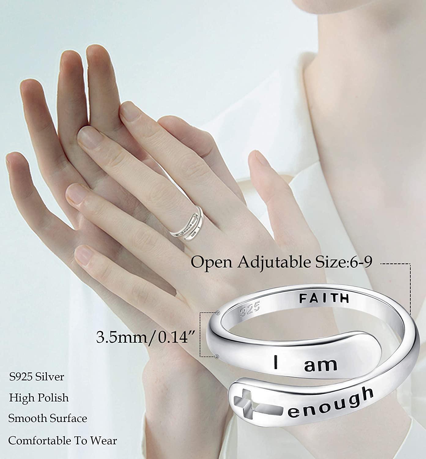 925 Sterling Silver Rings I am Enough Inspirational Rings Faith Christian Cross Encouragement Statement Rings for Women Men