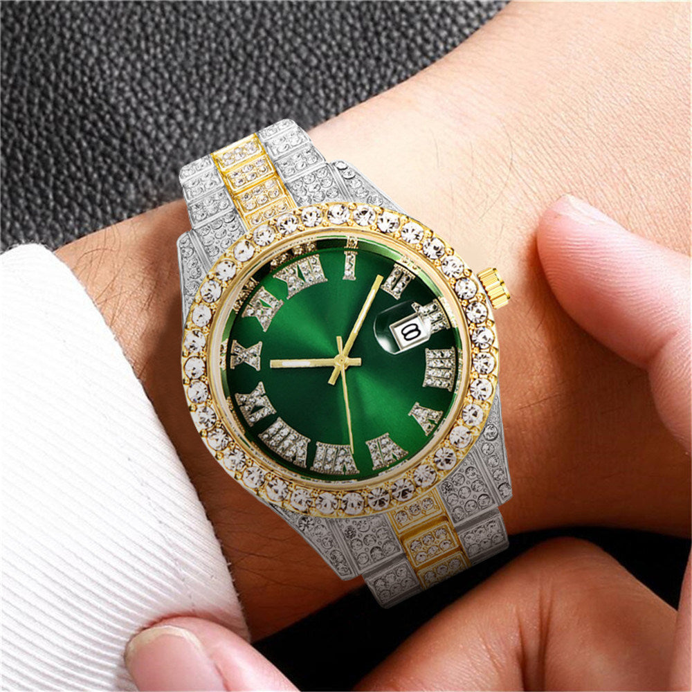 Full Diamond Roman Scale Steel Band Calendar Watch