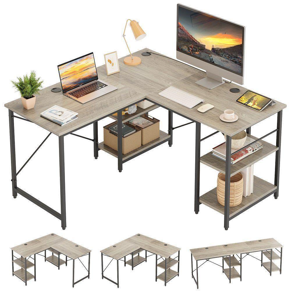 86.6 Inch L Shape Desk With Shelf 2 Persons Long Table Black
