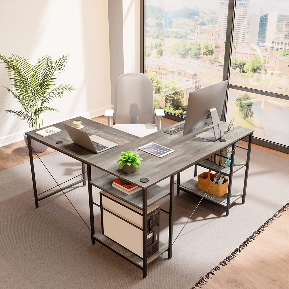 86.6 Inch L Shape Desk With Shelf 2 Persons Long Table Black