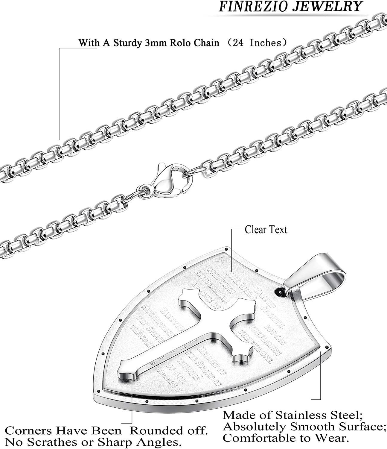 Cross Necklace for Men Shield Armor of God Ephesians 6:16-17; Stainless Steel Faith Pendant Necklace Christian Jewelry