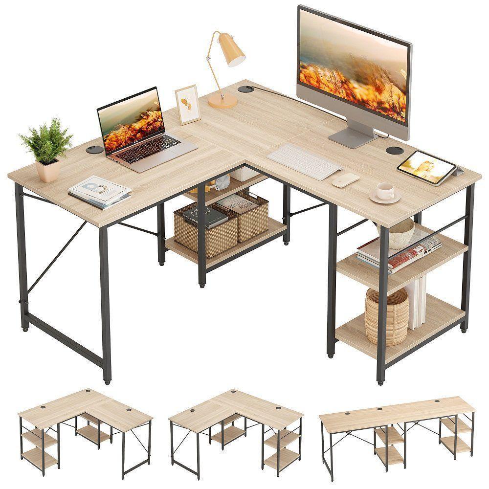 86.6 Inch L Shape Desk With Shelf 2 Persons Long Table Black