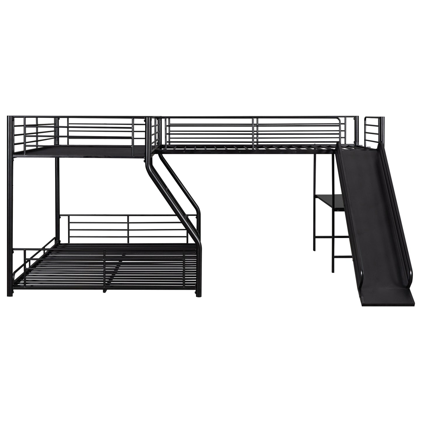 L-Shaped Twin over Full Bunk Bed with Twin Size Loft Bed; Built-in Desk and Slide; Black