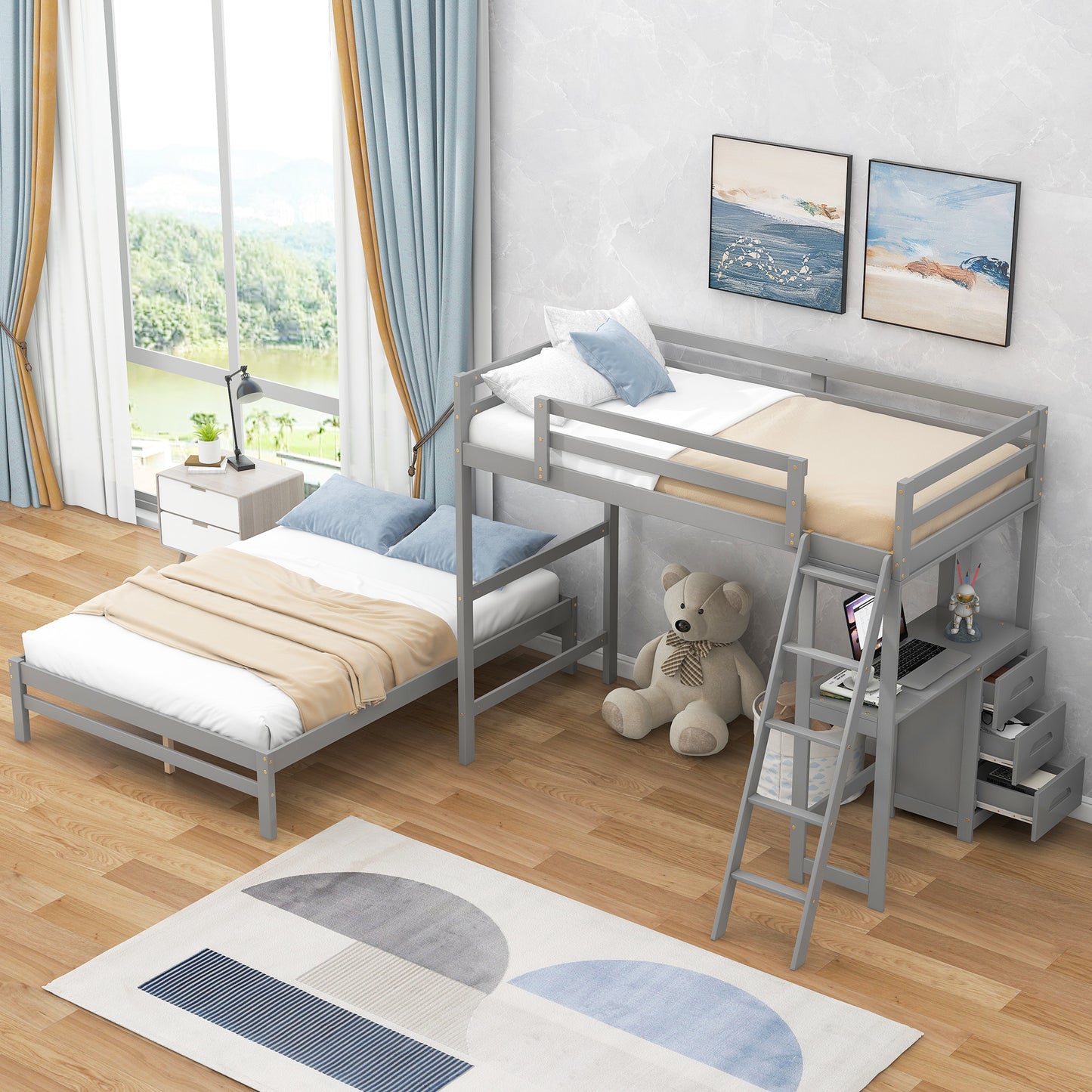 Twin over Full Bunk Bed with Built-in Desk and Three Drawers