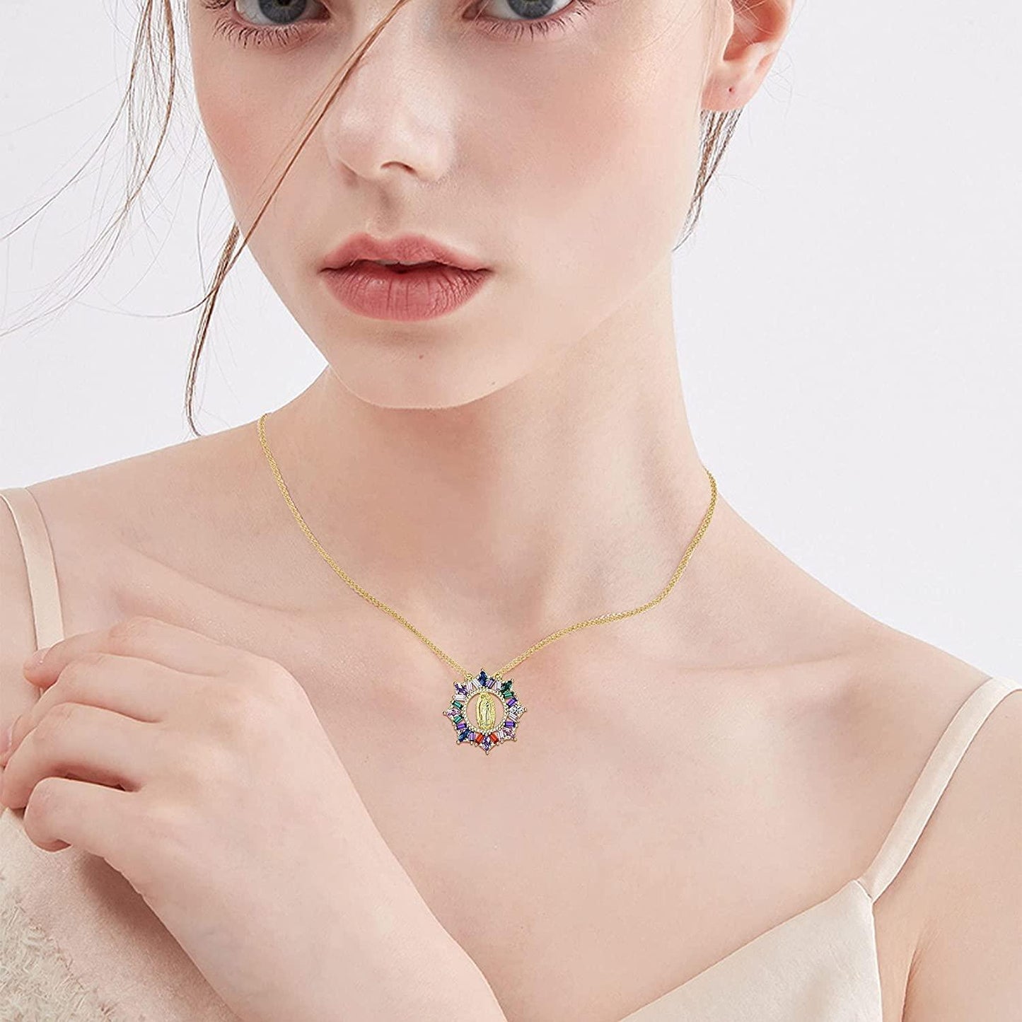 18K Gold Plated Cross Necklace for Women Virgin Mary Pendant Necklace Rainbow Cubic Zirconia Inlaid Catholic Christian Jewelry
