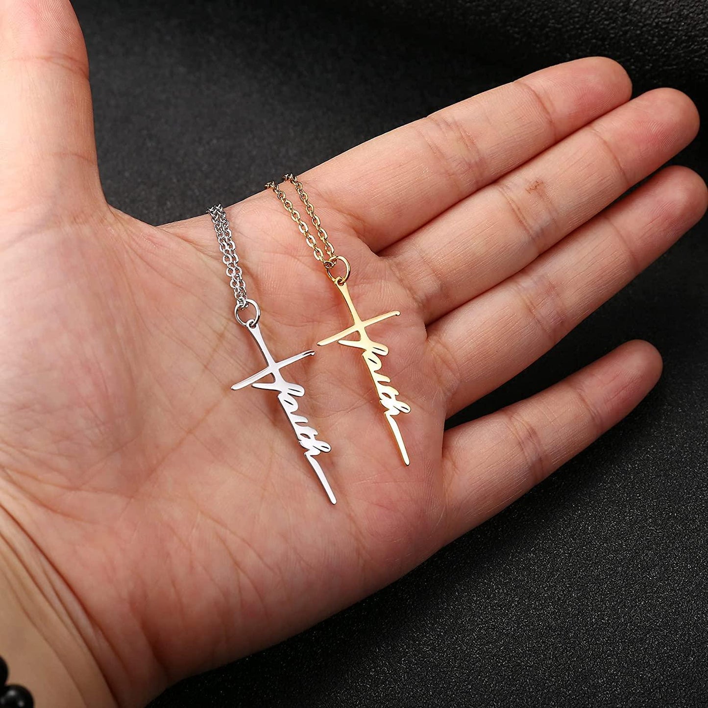 2PCS Faith Cross Necklace Blessed Hope Strength Pendant Necklace Silver Gold Stainless Cross Necklace Christian Religious Inspirational Gift for Women Girls