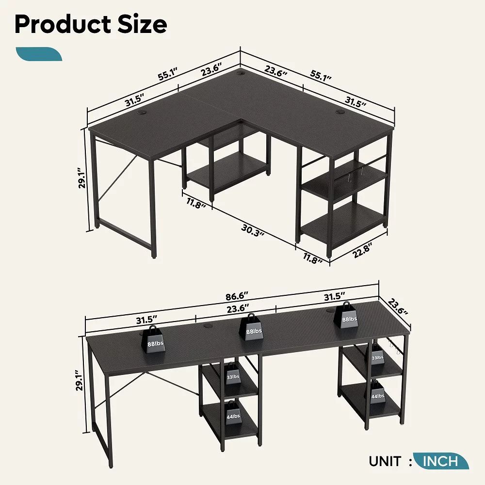 86.6 Inch L Shape Desk With Shelf 2 Persons Long Table Black